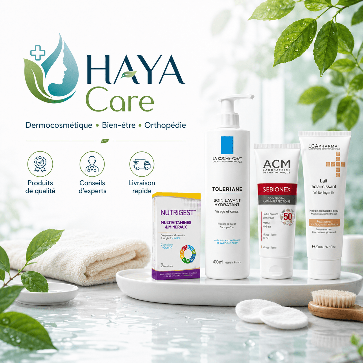 HAYA Care skincare and wellness products arranged with everyday care essentials