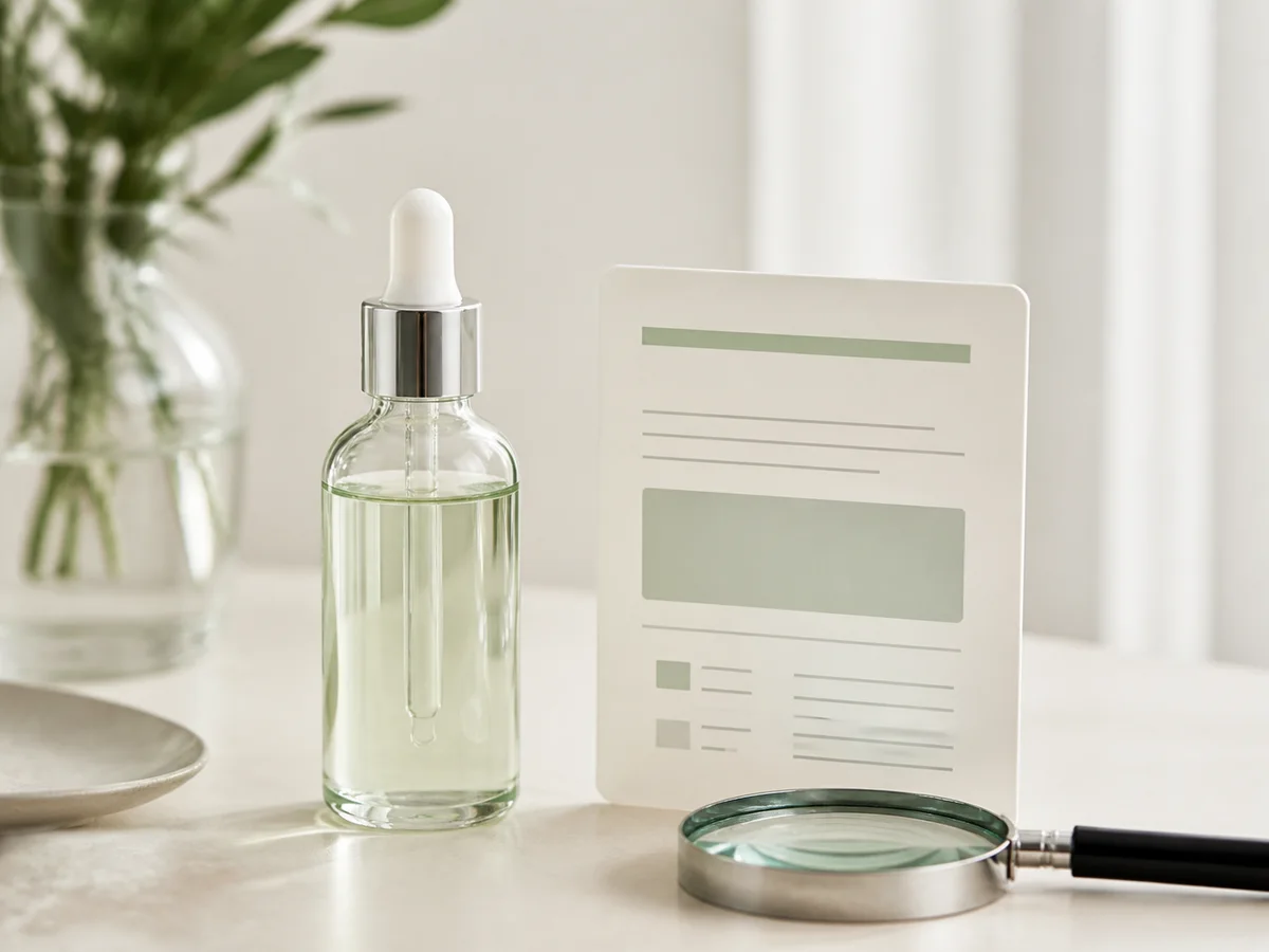 Unbranded skincare bottle beside a clear product information card
