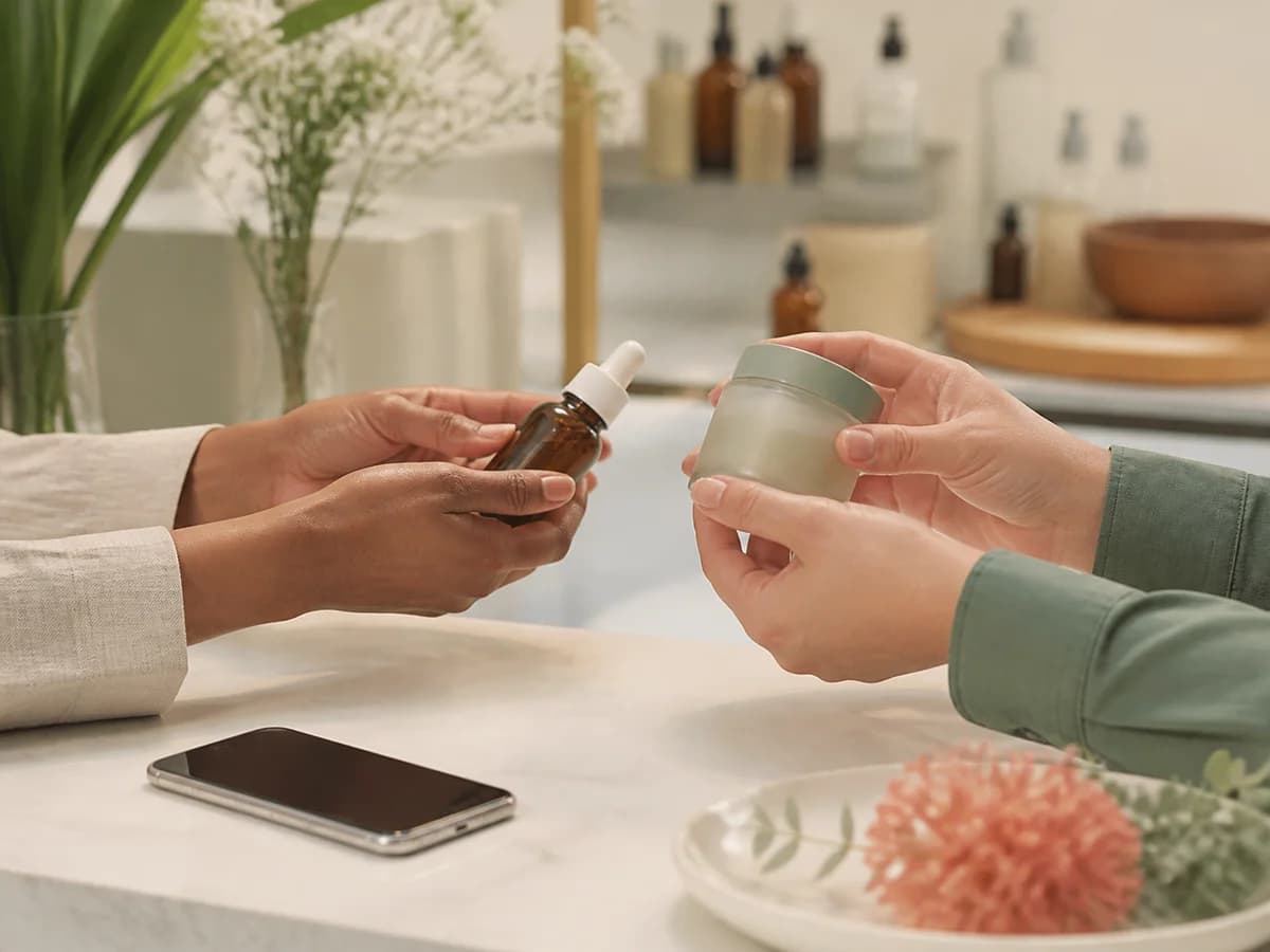 Two people comparing unbranded care products with friendly guidance